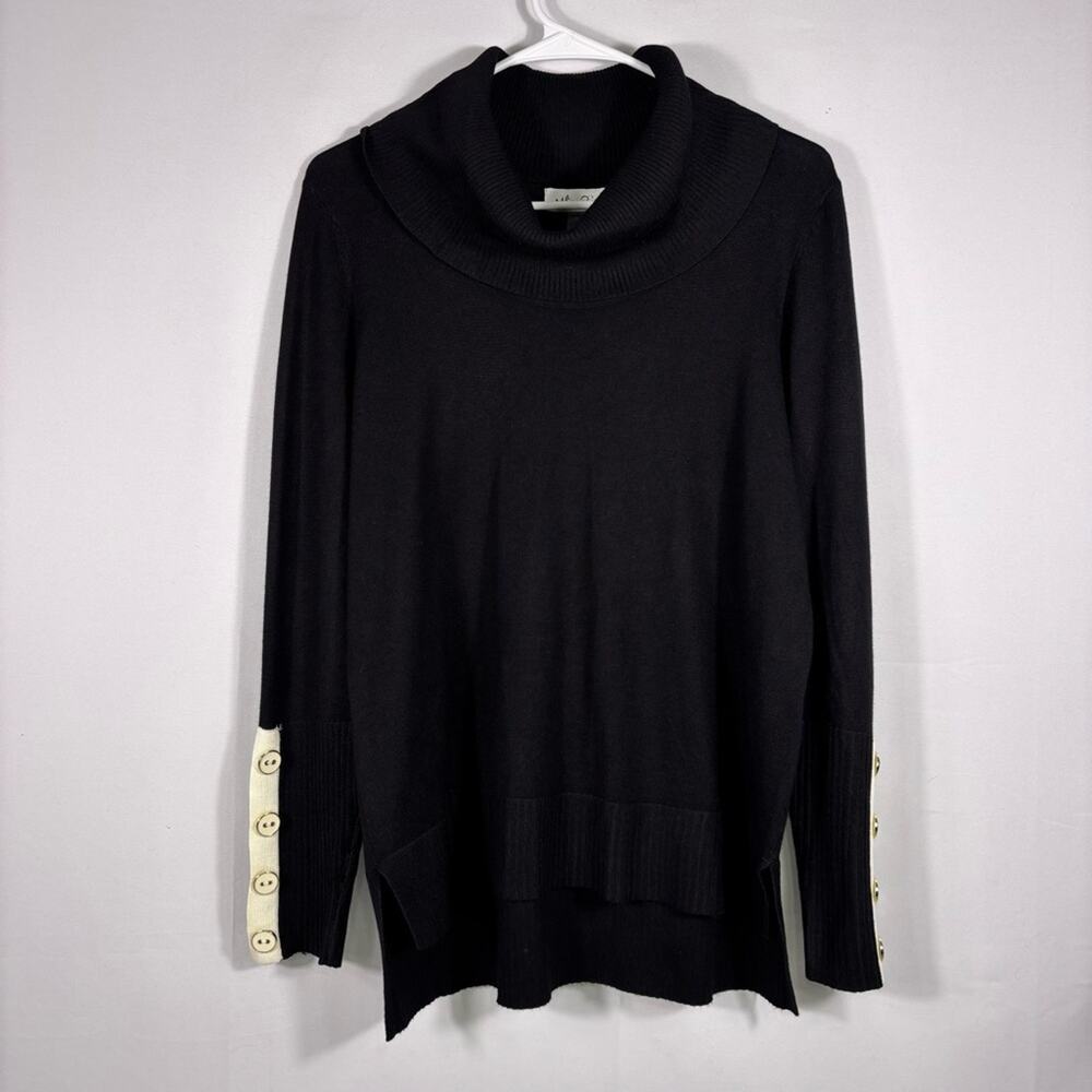 NWT Melissa Paige Black Cowl Neck Sweater with Cream Button Details Medium Q0326